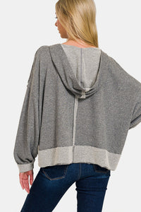 Contrast Trim Boxy Fit Oversized Hoodie. Heather grey relaxed fit hoodie designed with a scoop neckline, hood, drop shoulder, and a boxy cut.