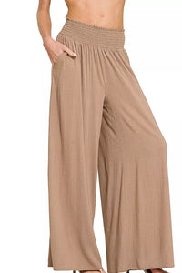 Zenana Smocked Waistband Wide Leg Pants in Cocoa