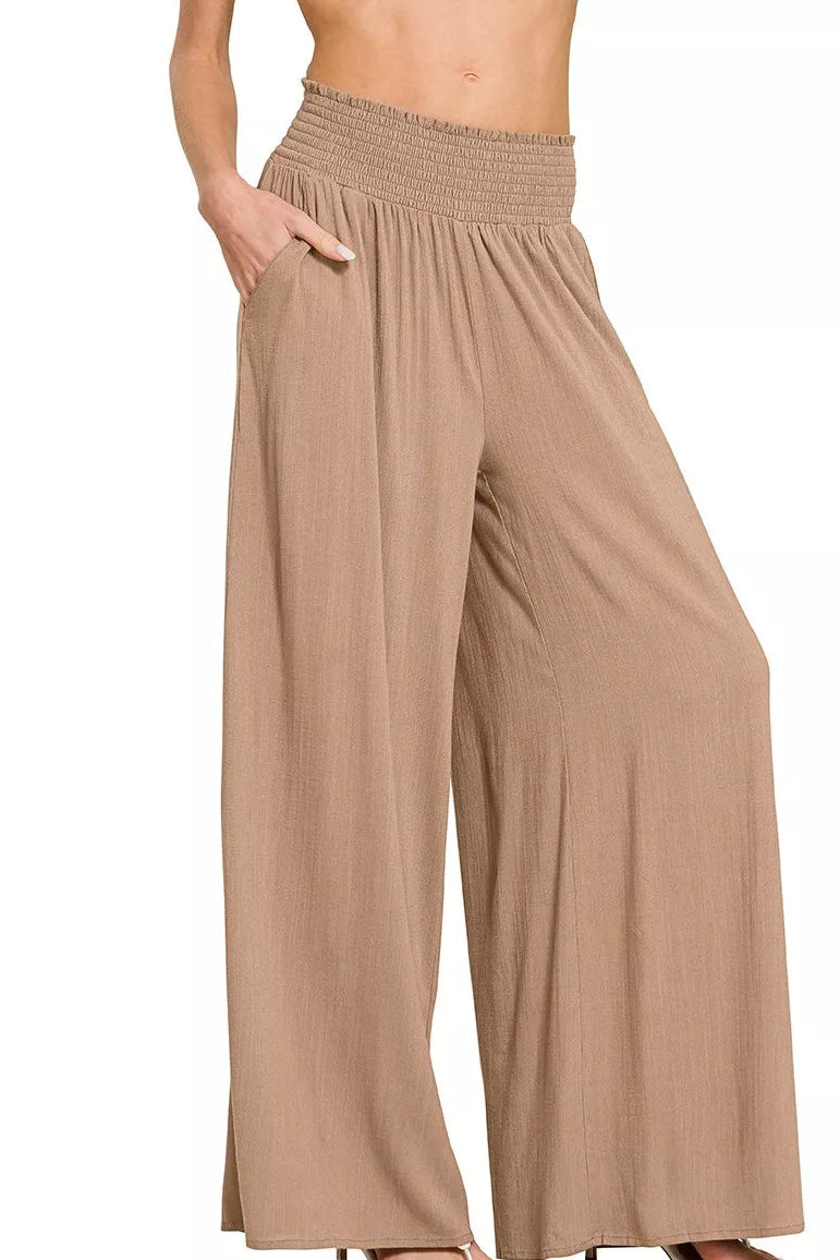 Zenana Smocked Waistband Wide Leg Pants in Cocoa