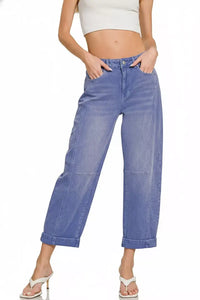 Zenana Mid Rise Barrel Leg Cropped Jeans in Marlin Blue