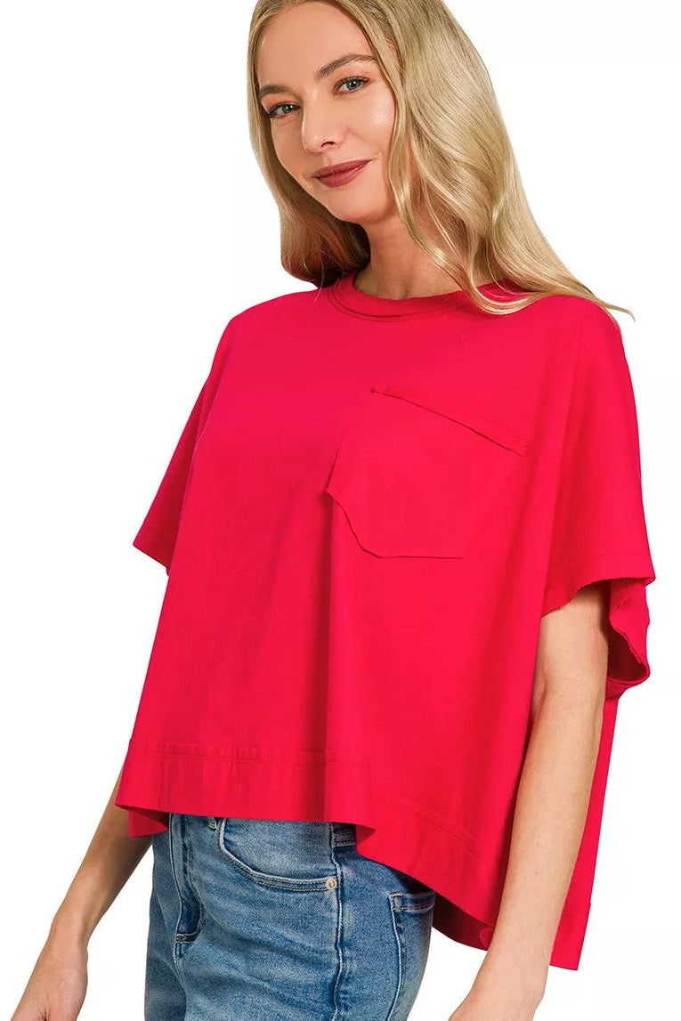 Zenana Exposed Seam Boxy Top in Ruby Red