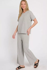 Zenana Sweater Knit Short Sleeve Top & Pants Set in Heather Gray