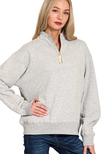 Zenana Quarter Zip Fleece Sweatshirt in Heather Grey