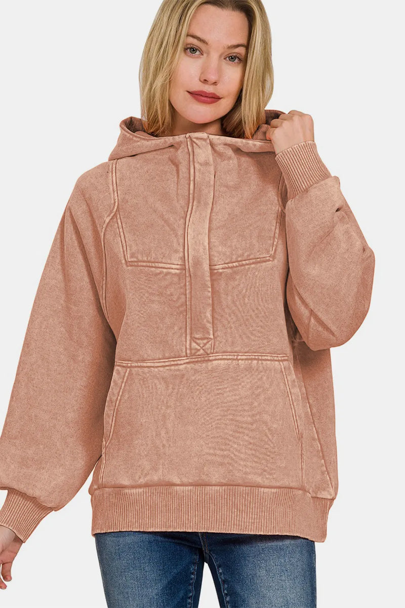 Zenana Acid Wash 1/4 Zip Fleece Kangaroo Hoodie in Rust