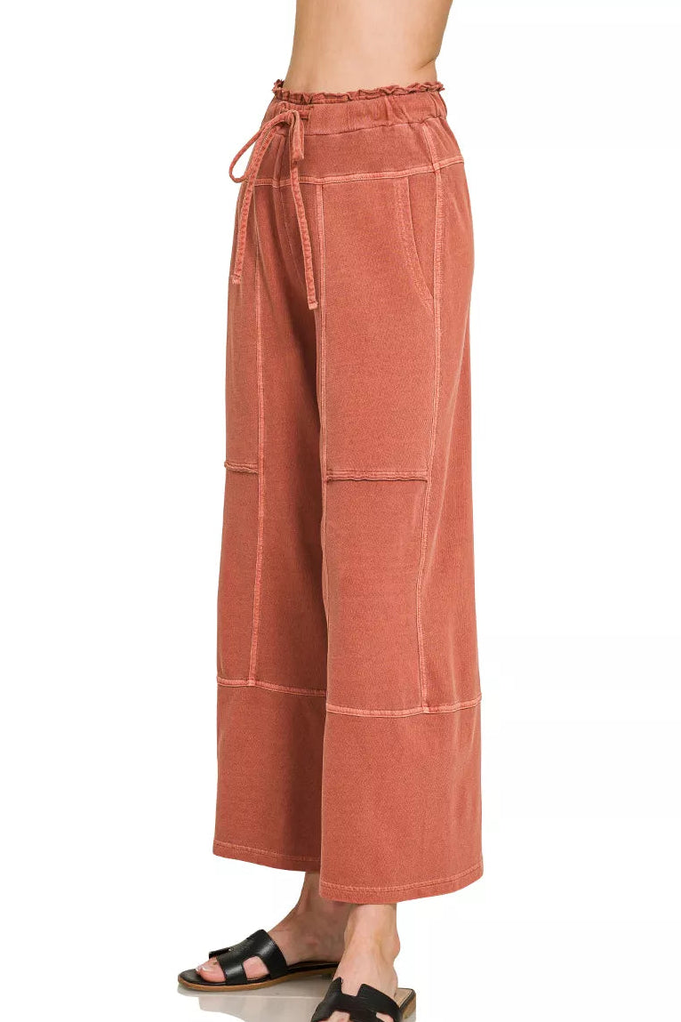 Zenana French Terry Washed Exposed Seam Wide Leg Pants in Rust