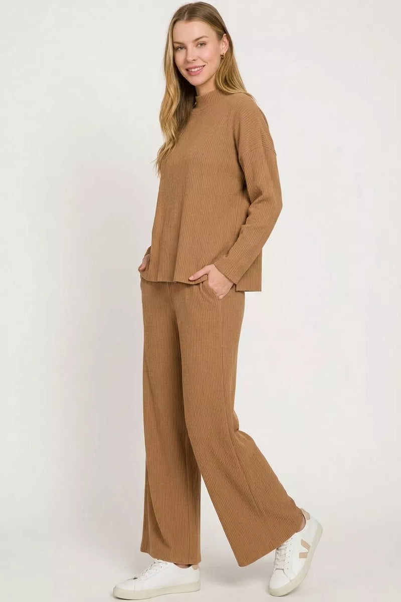 Zenana Viscose Sweater Knit Top & Pants Two-Piece Set in Deep Camel
