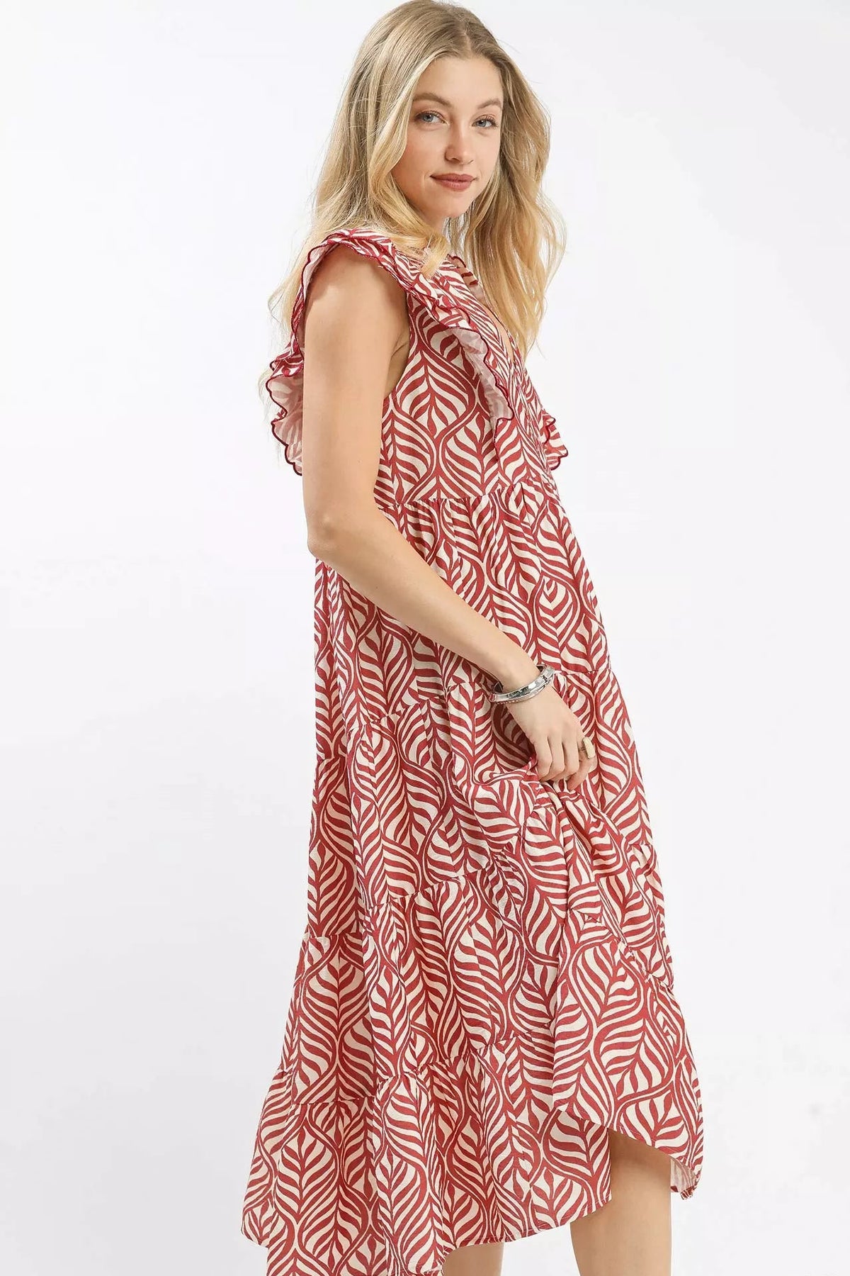 Umgee Leaf Print Tiered Midi Dress with Ruffle Detail in Rose