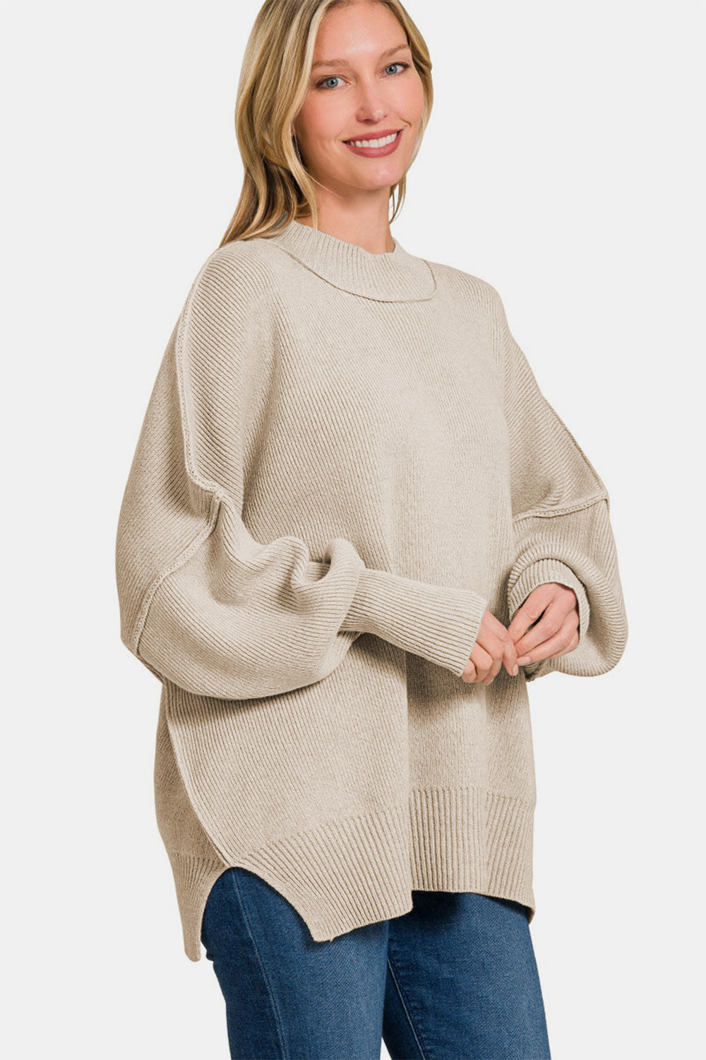 Slouchy Side Slit Oversized Sweater - Beige – Lilac East