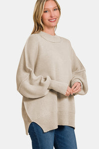 Slouchy Side Slit Oversized Sweater - Beige