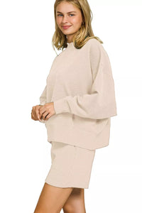 Ribbed Round Neck Pullover and Shorts Set in Sand Beige