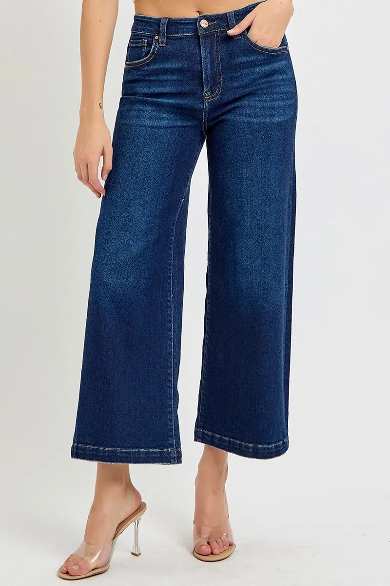 Risen High Rise Dark Wash Crop Wide Leg Jeans