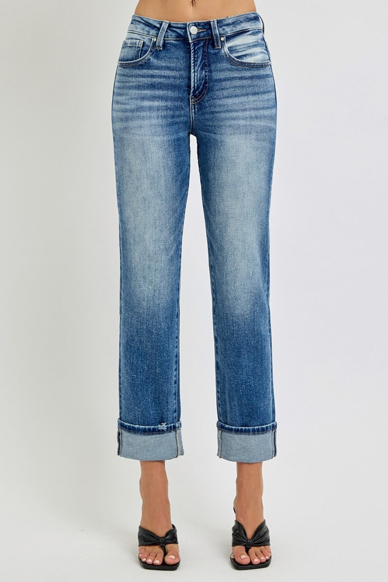 RISEN High Rise Crop Straight Cuffed Jeans