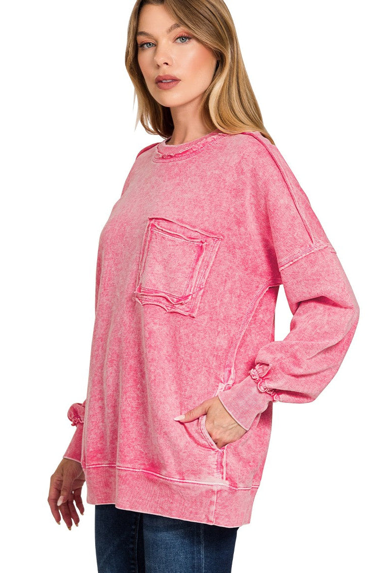 Zenana Halo Washed French Terry Pullover Sweatshirt in Red