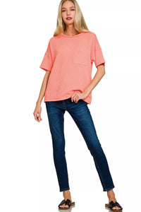 Zenana Raised Rib Short Sleeve Front Pocket Tee in Coral