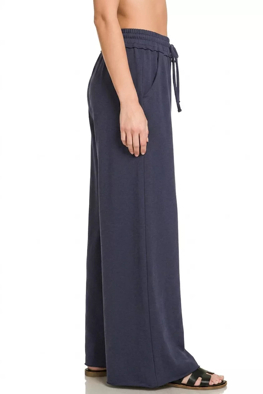 Zenana Exposed Seam French Terry Wide Leg Sweatpants - Navy