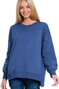 Zenana Fleece Hi-Low Boyfriend Sweatshirt with Pockets - Light Navy