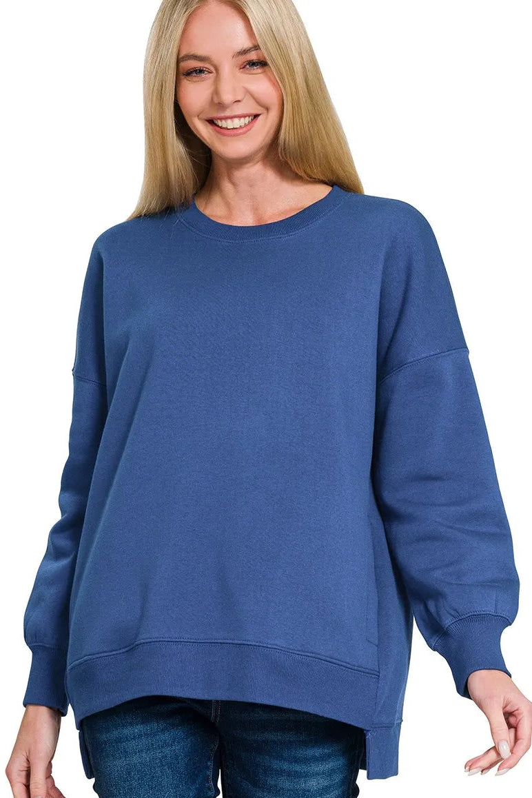 Zenana Fleece Hi-Low Boyfriend Sweatshirt with Pockets - Light Navy