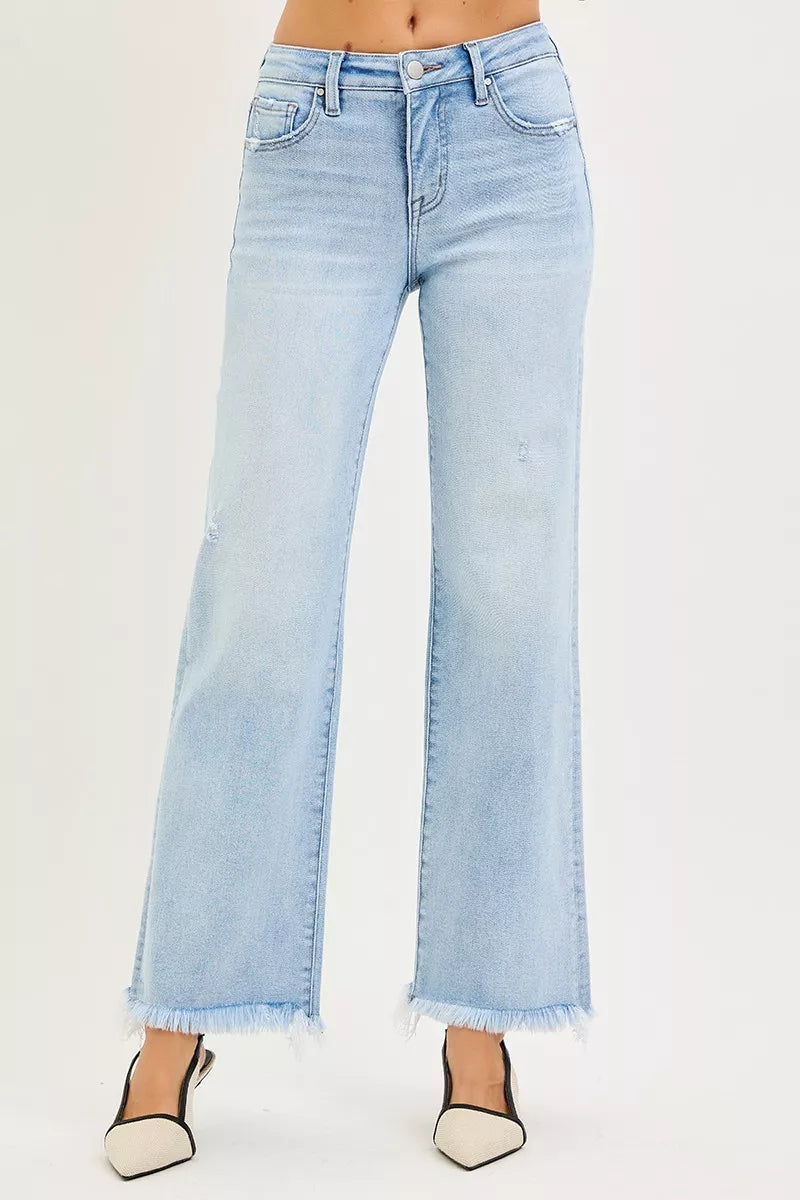 Risen Mid Rise Tummy Control Straight Leg Fray Hem Jeans