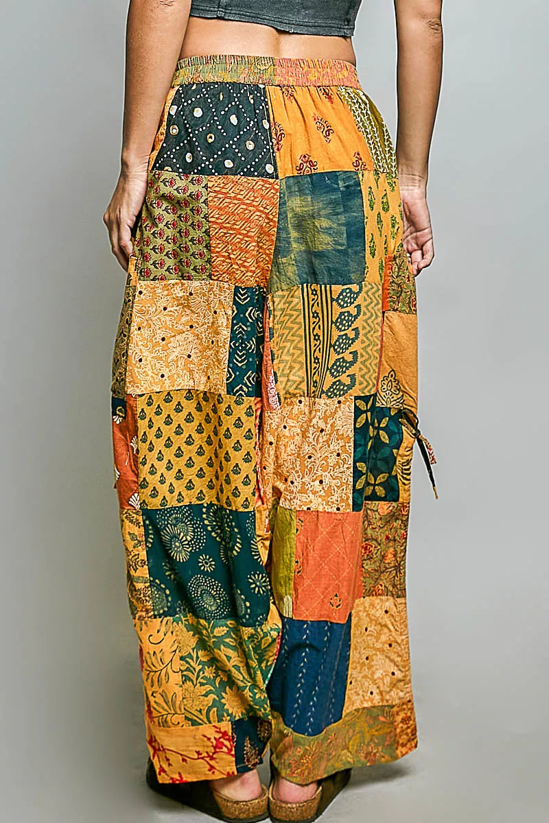 POL Printed Patchwork Pants with Adjustable Side Drawstring