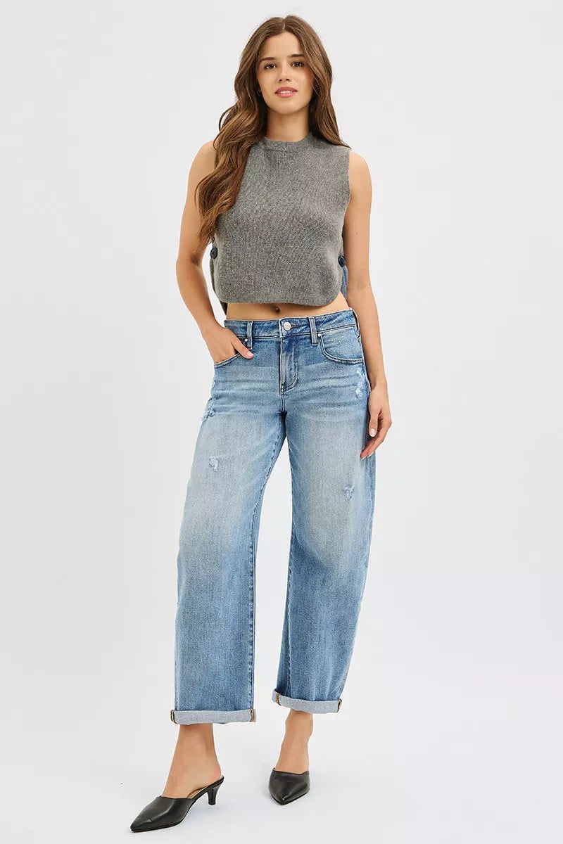 Risen Slouchy Ankle Length Cuffed Barrel Jeans