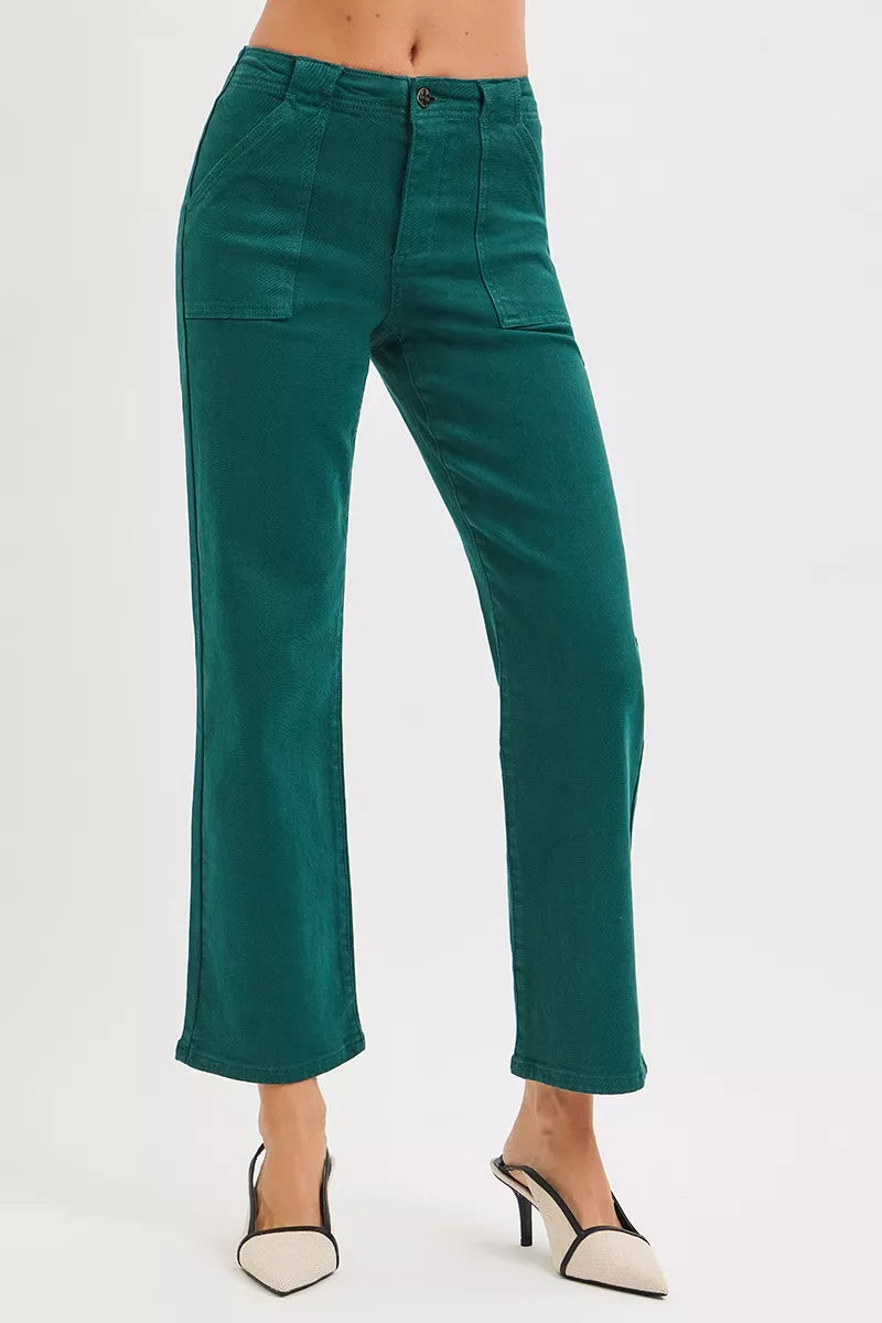 Risen High Rise Ankle Flare Patch Pocket Jeans in Hunter Green