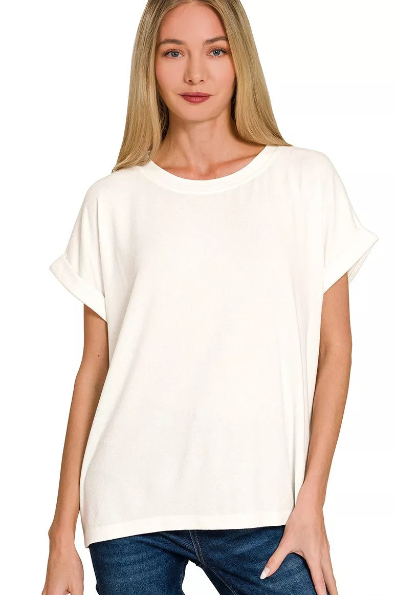 Soft Melange Hacci Short Sleeve Round Neck Top in Ivory