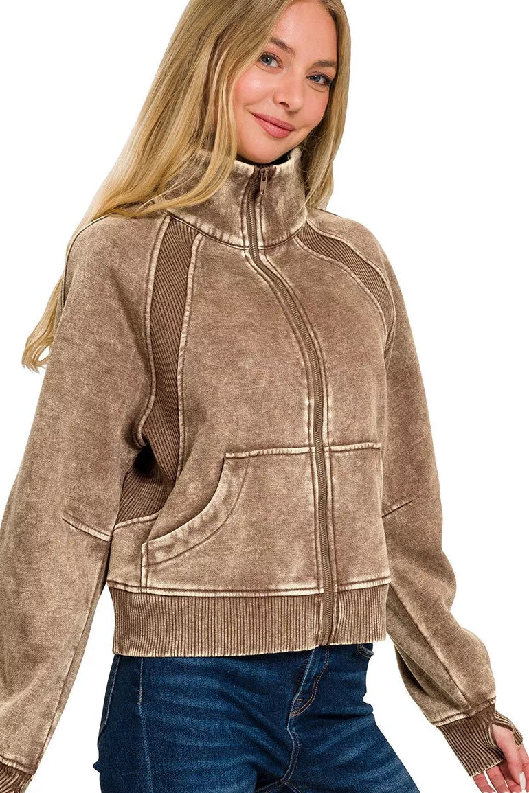 Zenana Acid Wash Zip Up Fleece Sweatshirt in Mocha