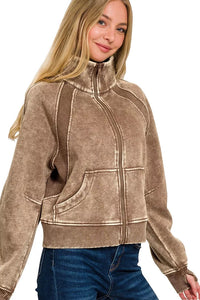 Zenana Acid Wash Zip Up Fleece Sweatshirt in Mocha