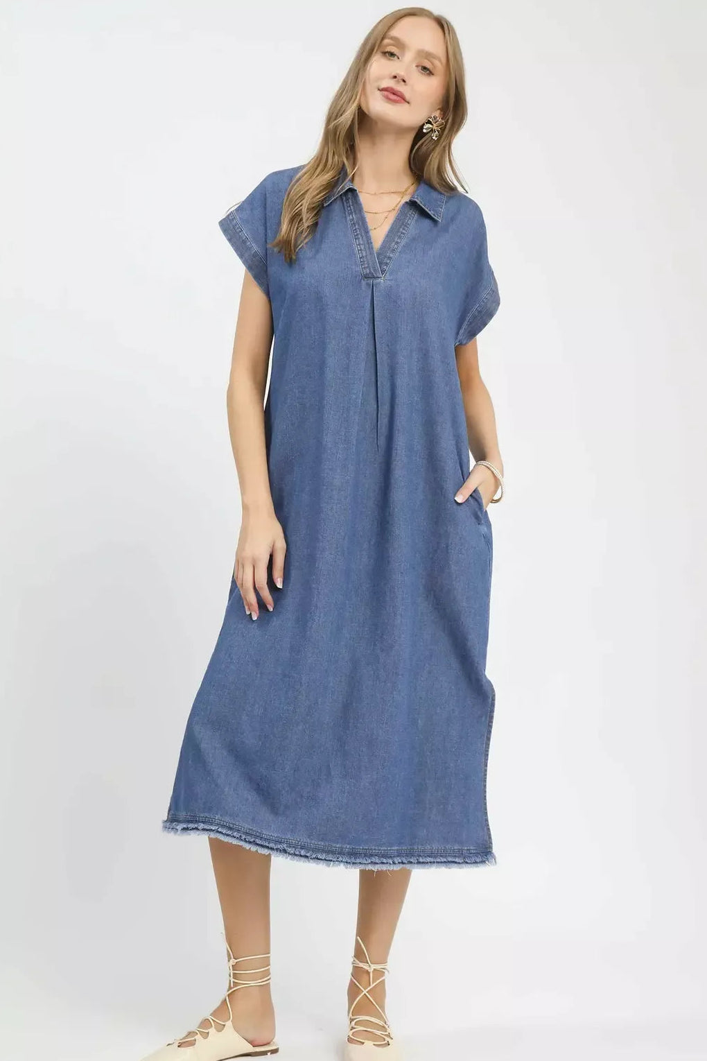Umgee Stone Washed Collared Denim Midi Dress