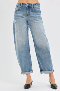 Risen Slouchy Ankle Length Cuffed Barrel Jeans