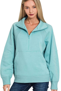 Zenana Half Zip Fleece Sweatshirt with Kangaroo Pocket in Dusty Teal