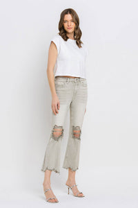 Lovervet Moss Green High Rise Distressed Cropped Flare Jeans