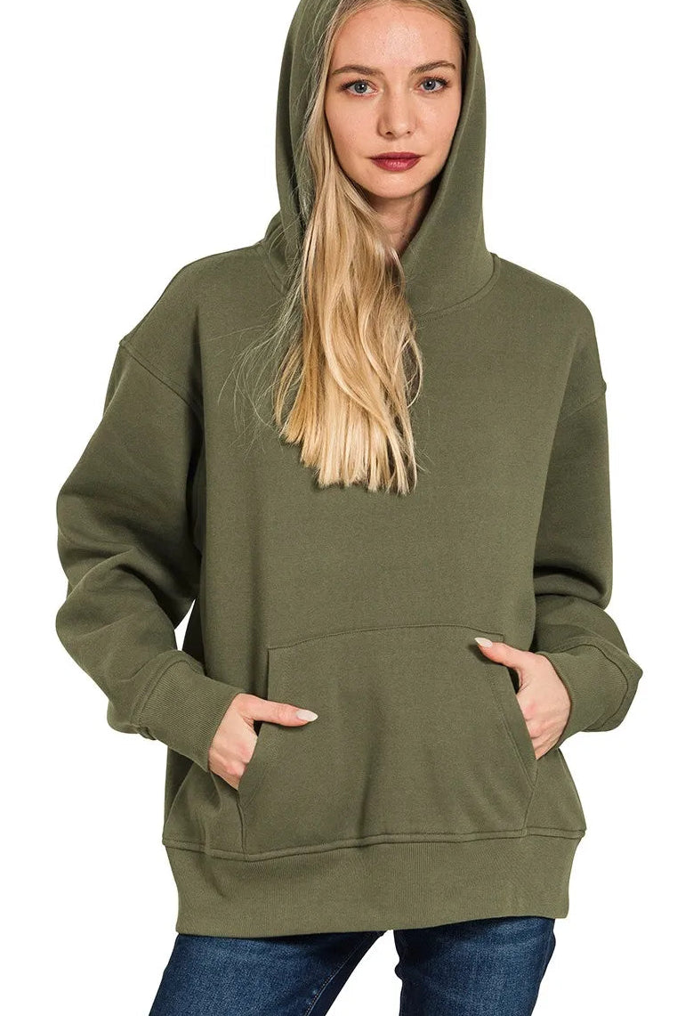 Zenana Fleece Kangaroo Pocket Hoodie in Dark Olive