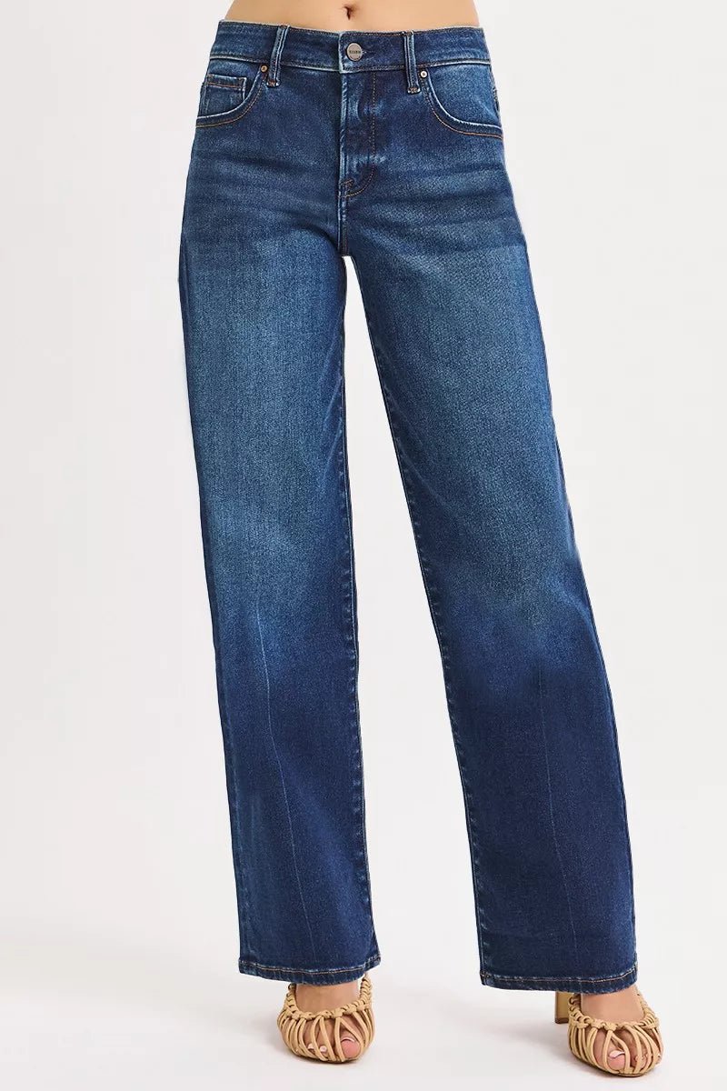Risen Mid Rise Dark Wash Wide Baggy Jeans