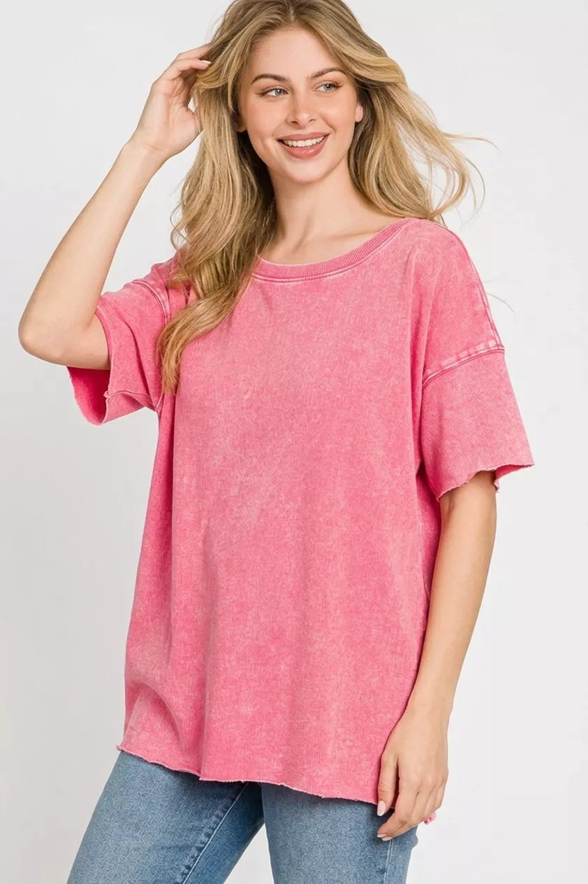 Zenana Acid Wash French Terry Oversized Tee in Fuchsia
