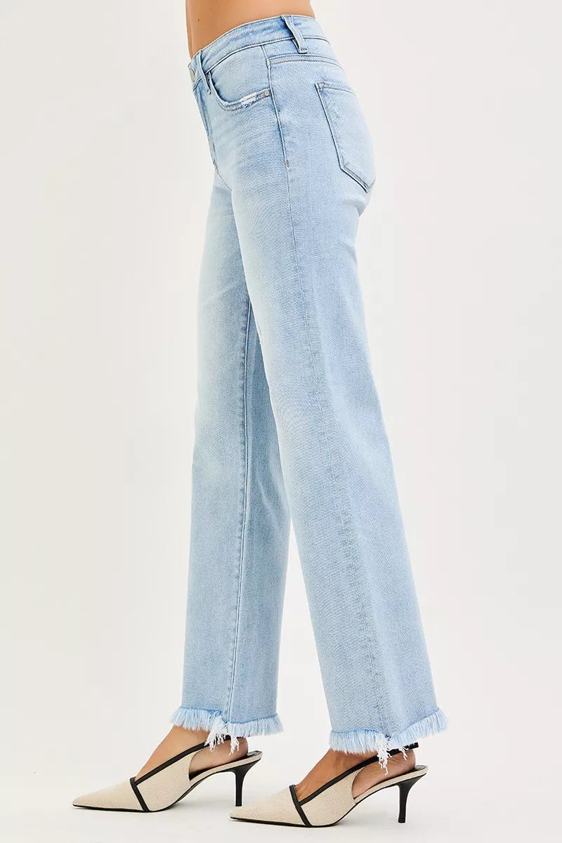 Risen Mid Rise Tummy Control Straight Leg Fray Hem Jeans