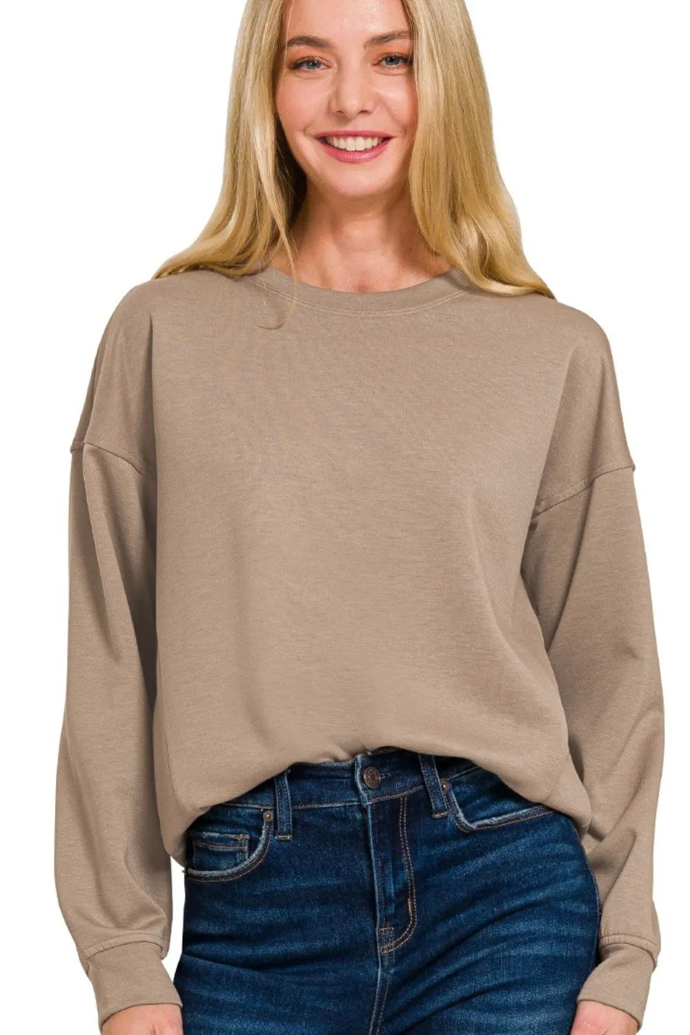Zenana Scuba Round Neck Sweatshirt in Cocoa