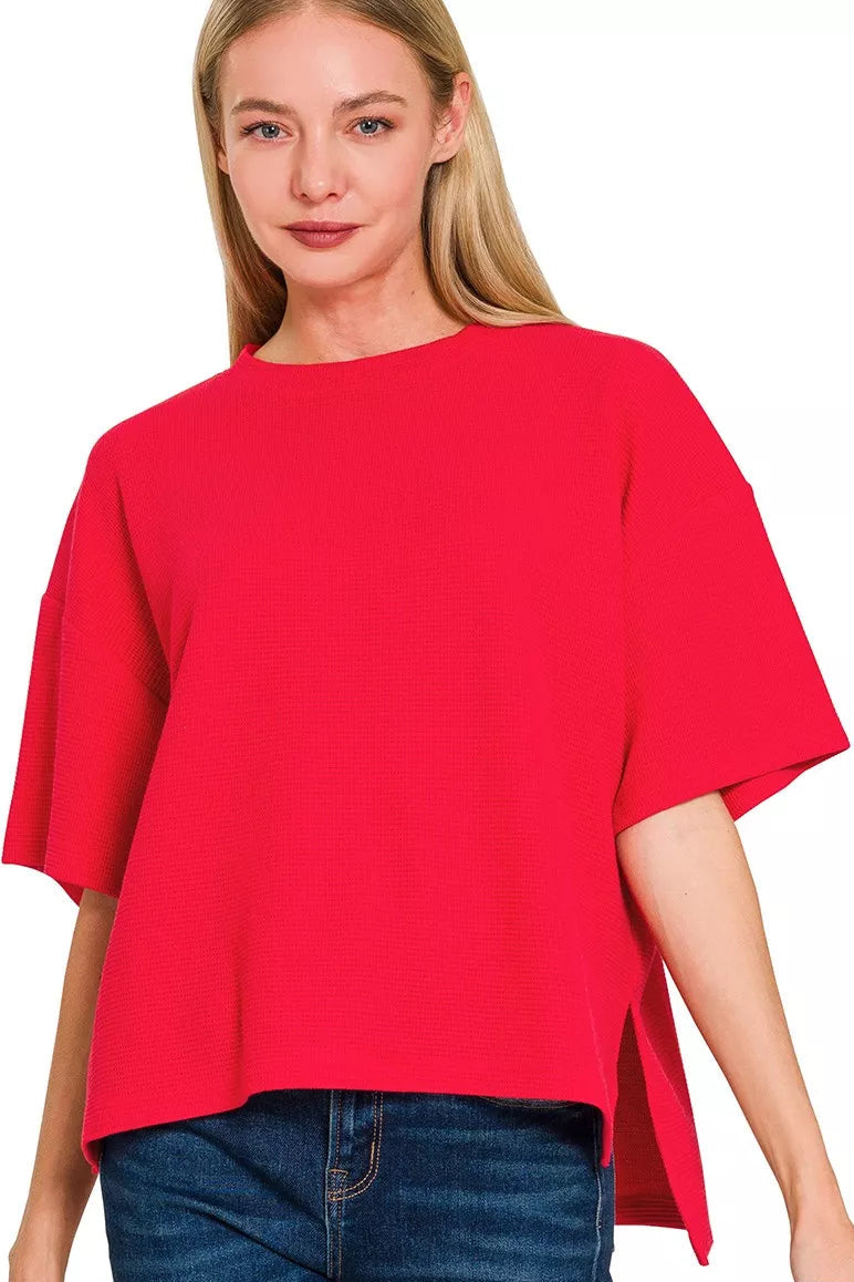 Double Knit Side Slit Hi Low Short Sleeve Top in Ruby Red