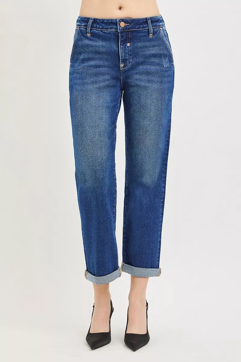 Risen High Rise Dark Wash Cuffed Boyfriend Jeans PGC21724 