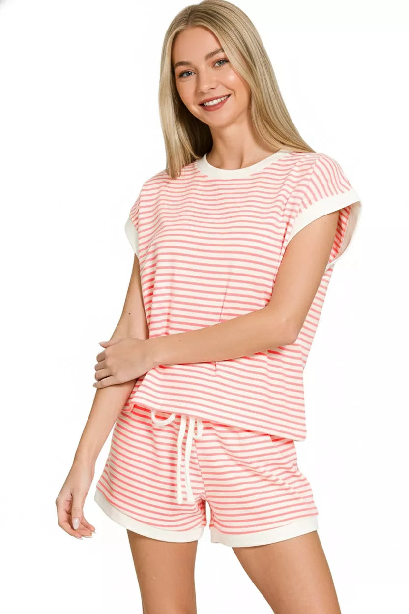 Zenana Stripe Contrast Trim Top & Shorts Set in Dark Pink