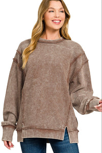 Zenana Acid Washed Double Ribbed Exposed Seam Sweatshirt in Brown