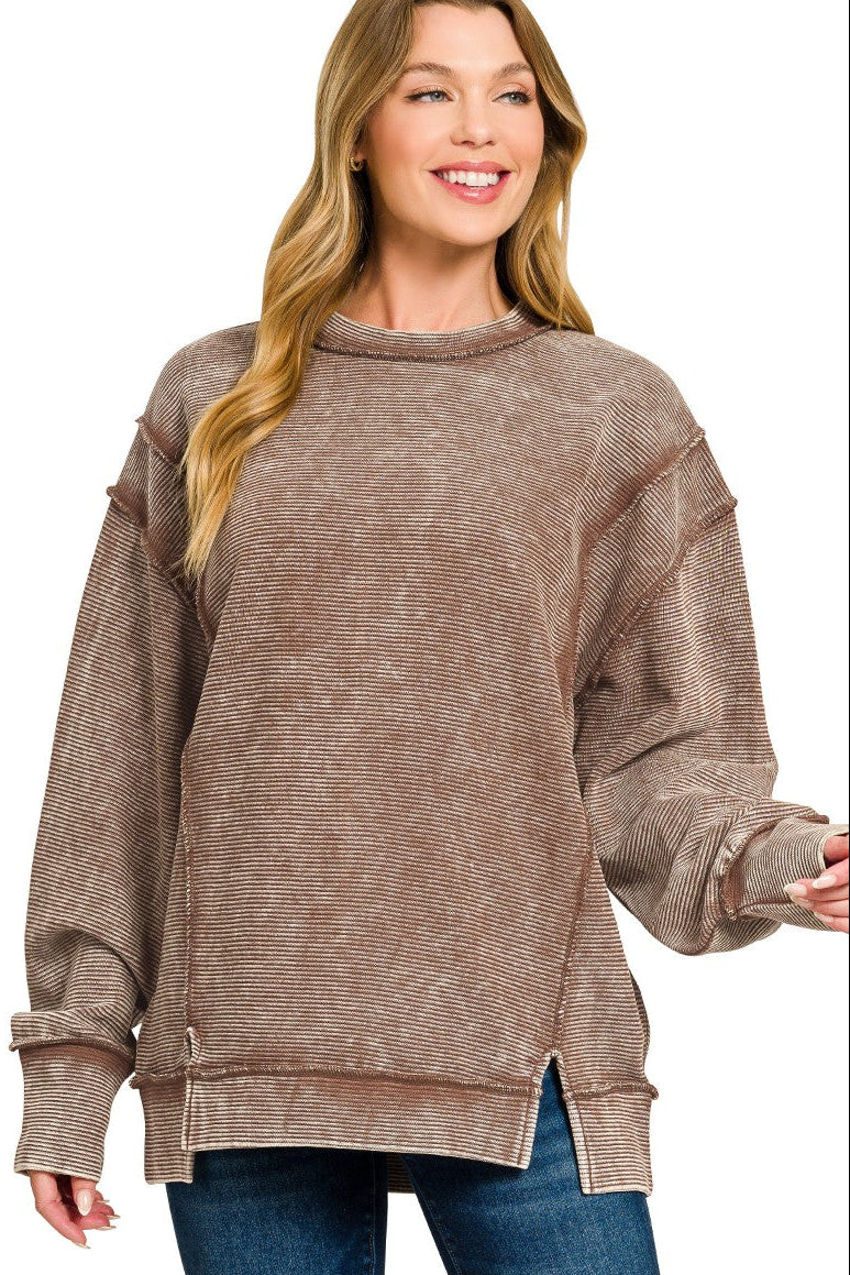 Zenana Acid Washed Double Ribbed Exposed Seam Sweatshirt in Brown