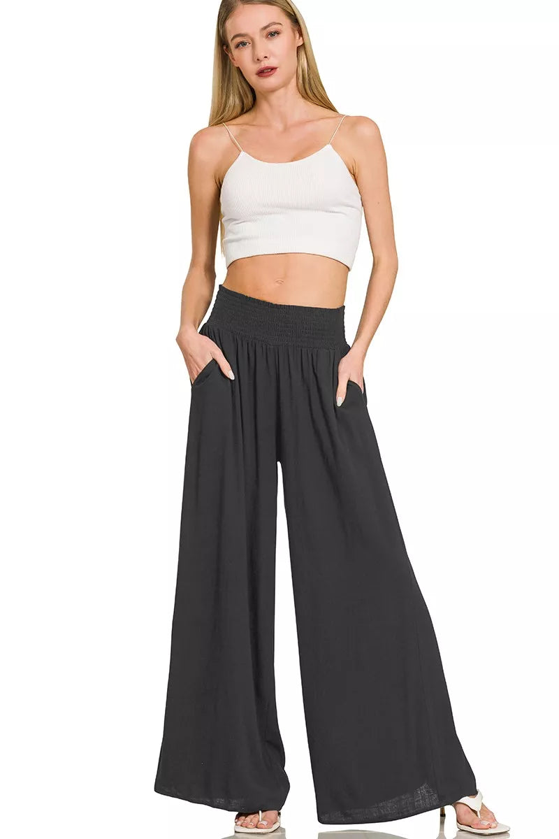 Zenana Smocked Waistband Wide Leg Pants in Black