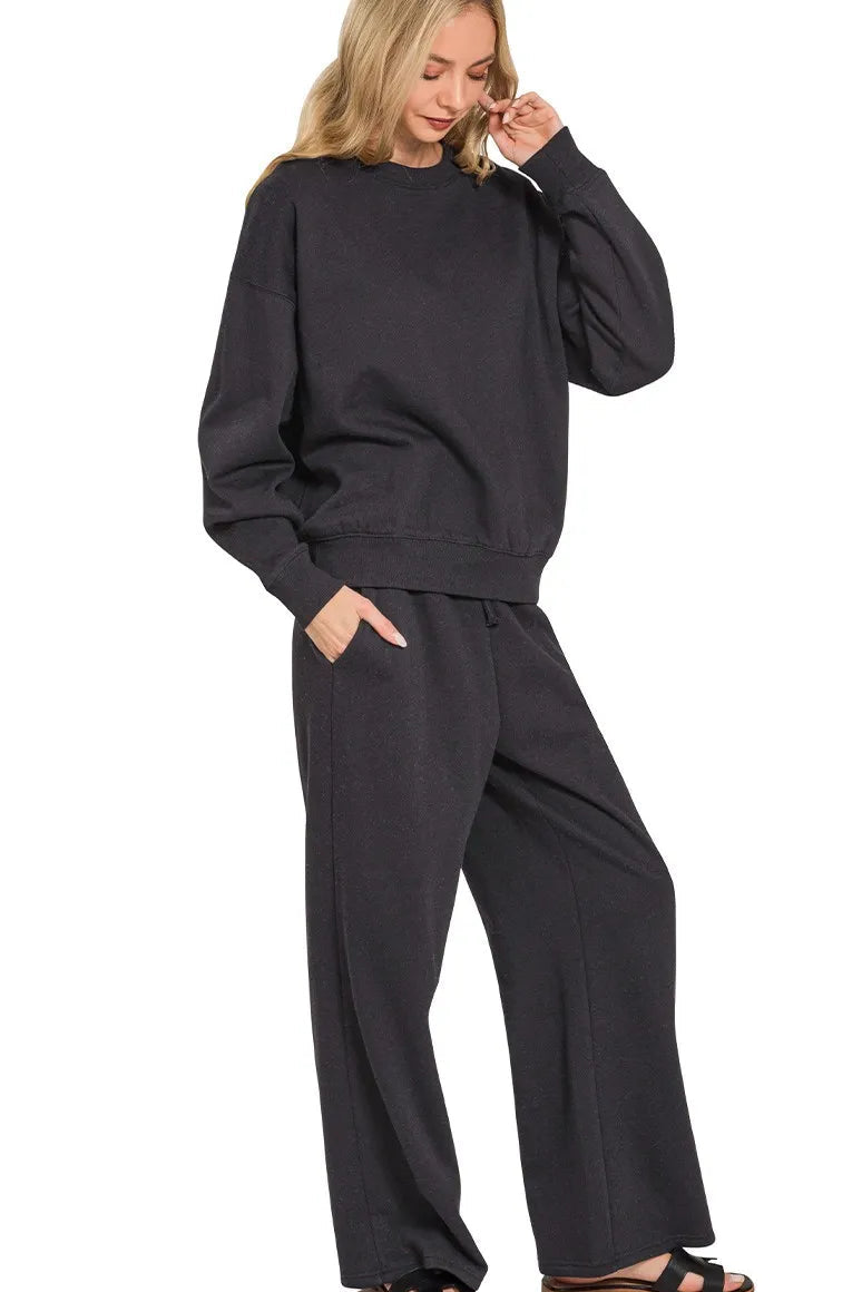 Fleece Long Sleeve Pullover and Sweatpants Set in Black