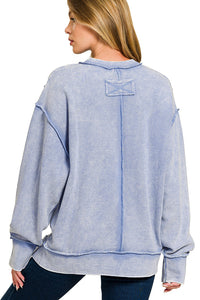 Acid Washed Double Ribbed Hi-low Pullover Sweatshirt in Marlin Blue