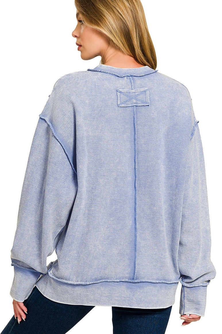 Acid Washed Double Ribbed Hi-low Pullover Sweatshirt in Marlin Blue