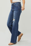 RISEN High Rise Dark Wash Distressed Wide Leg Jeans