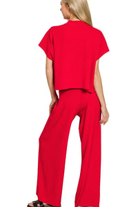 Ruby Red Viscose Sweater Knit Top and Pants Set