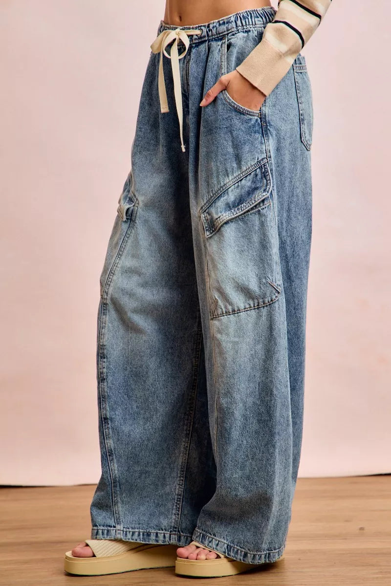 BiBi Baggy Barrel Jeans With Drawstring Waist and Cargo Pockets