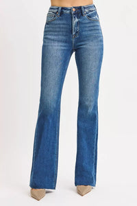 Risen High Rise Raw Cut Hem Flare Jeans